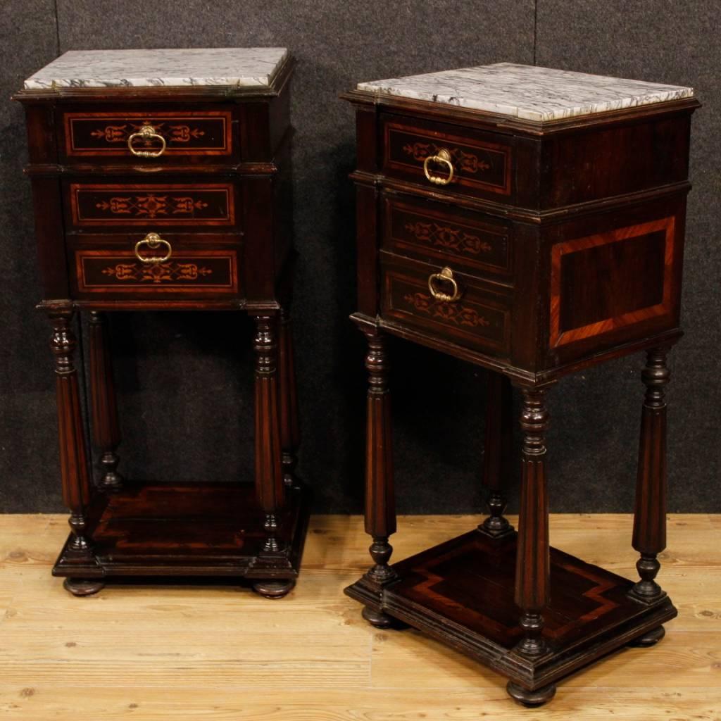 Pair of Italian Inlaid Wooden Bedside Tables with Marble Top from 20th Century 4