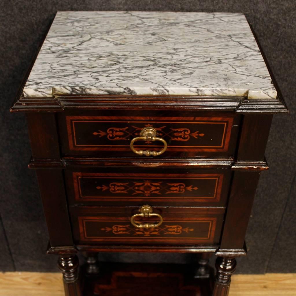 Inlay Pair of Italian Inlaid Wooden Bedside Tables with Marble Top from 20th Century