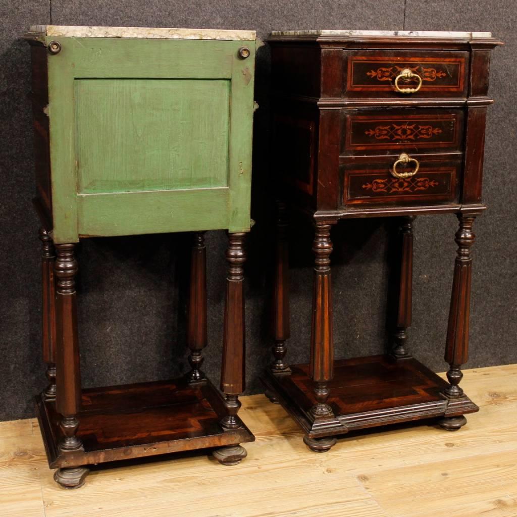Early 20th Century Pair of Italian Inlaid Wooden Bedside Tables with Marble Top from 20th Century