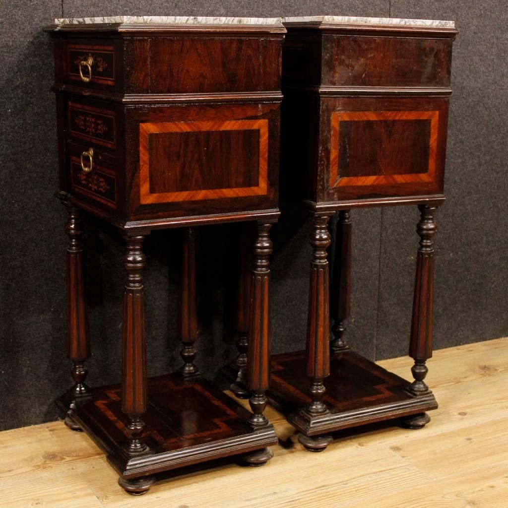 Fruitwood Pair of Italian Inlaid Wooden Bedside Tables with Marble Top from 20th Century