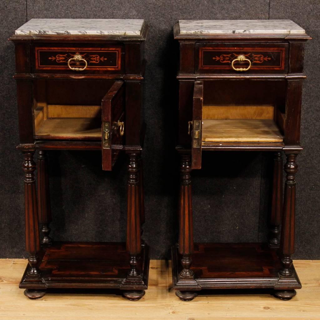 Pair of Italian Inlaid Wooden Bedside Tables with Marble Top from 20th Century 1