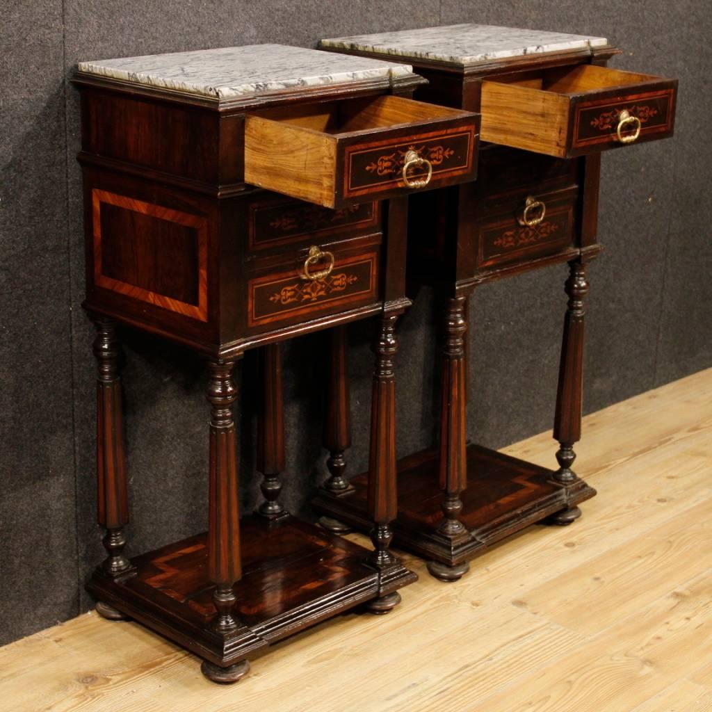 Pair of Italian Inlaid Wooden Bedside Tables with Marble Top from 20th Century 2
