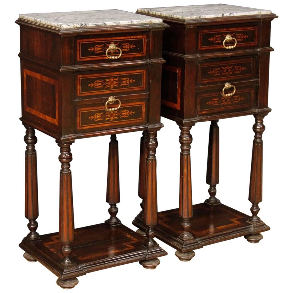 Pair of Italian Inlaid Wooden Bedside Tables with Marble Top from 20th Century