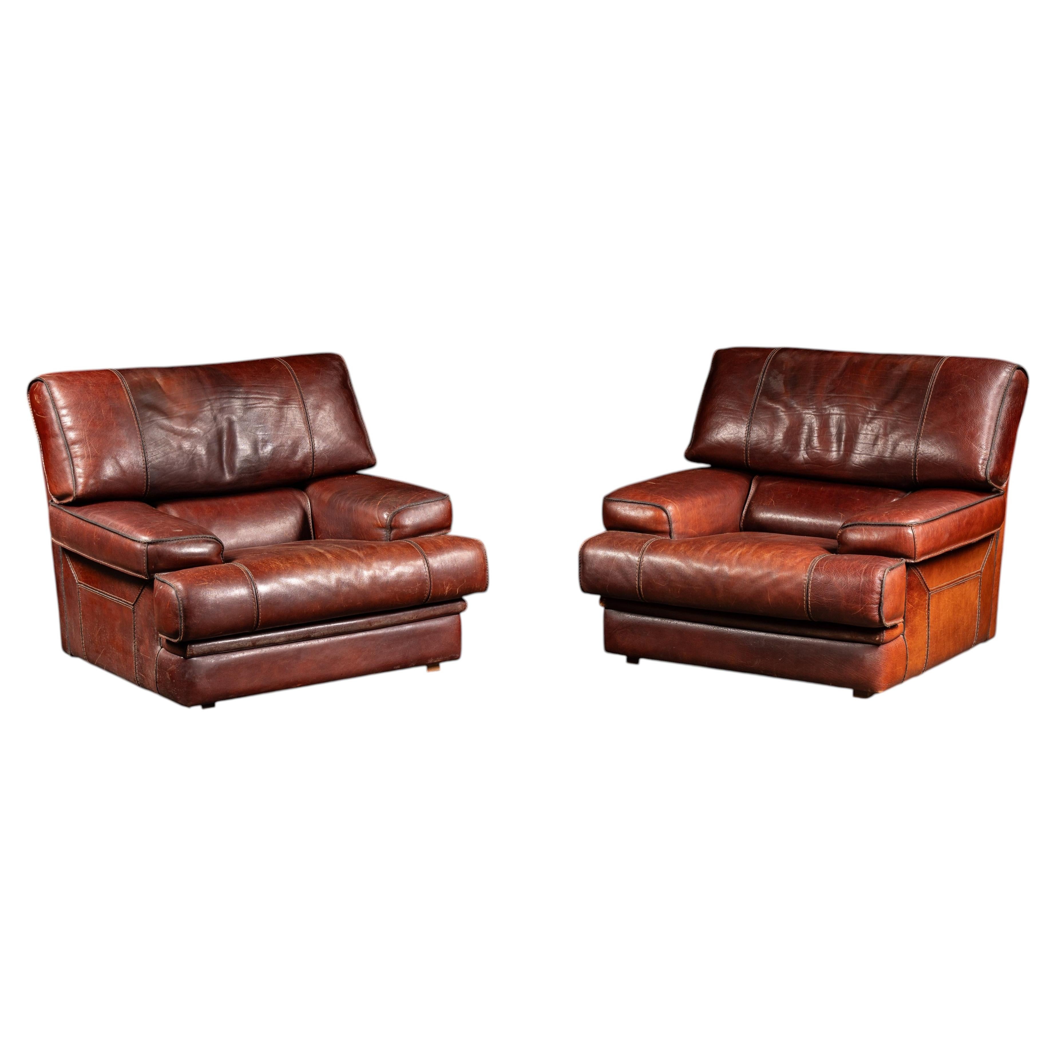 Pair of Italian-Inspired Leather Lounge Chairs in Red