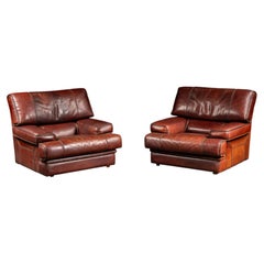 Pair of Italian-Inspired Leather Lounge Chairs in Red