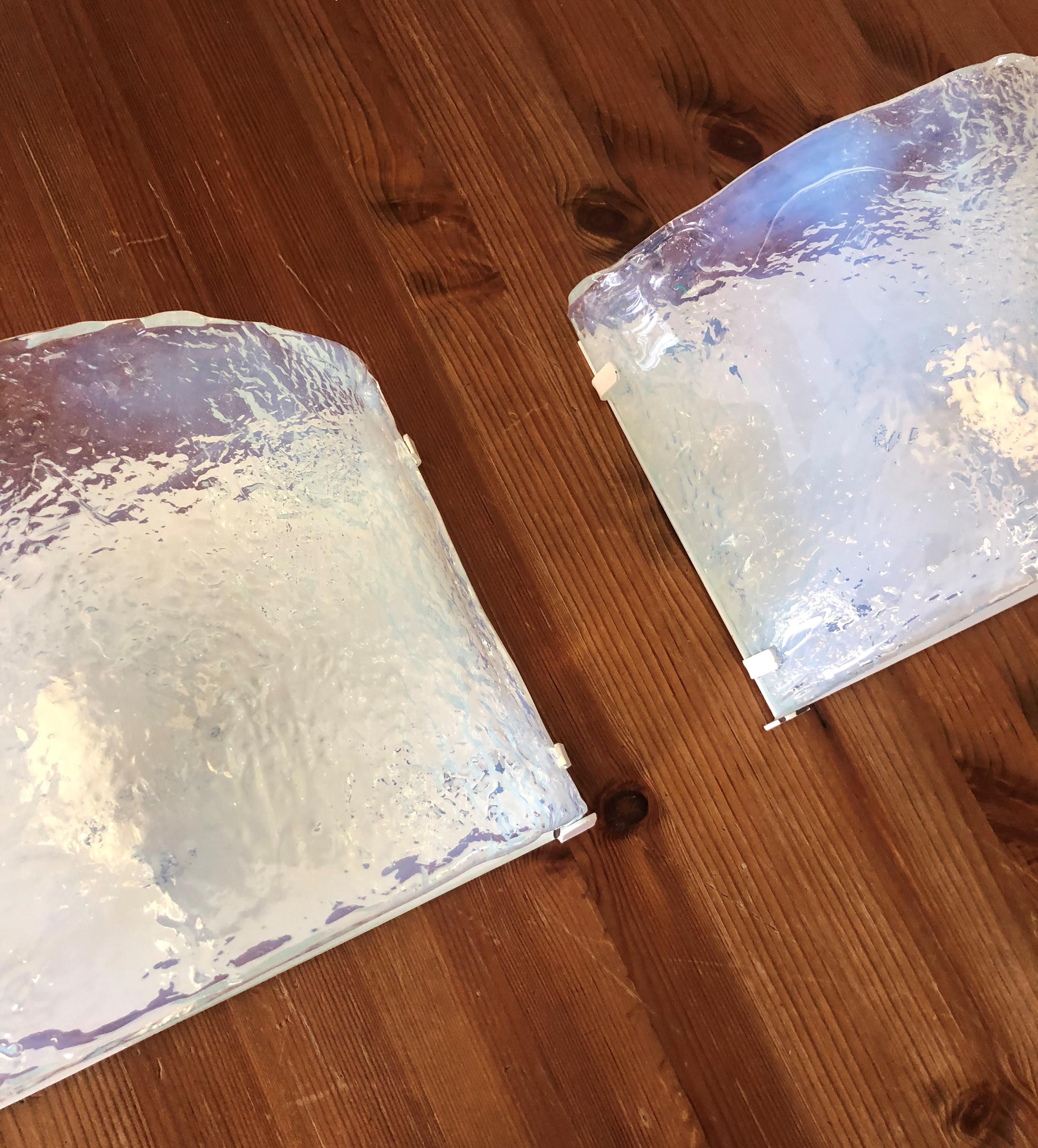 Metal Pair of Italian Iridescent Murano Wall Sconces by Carlo Nason for Mazzega, 1970s For Sale