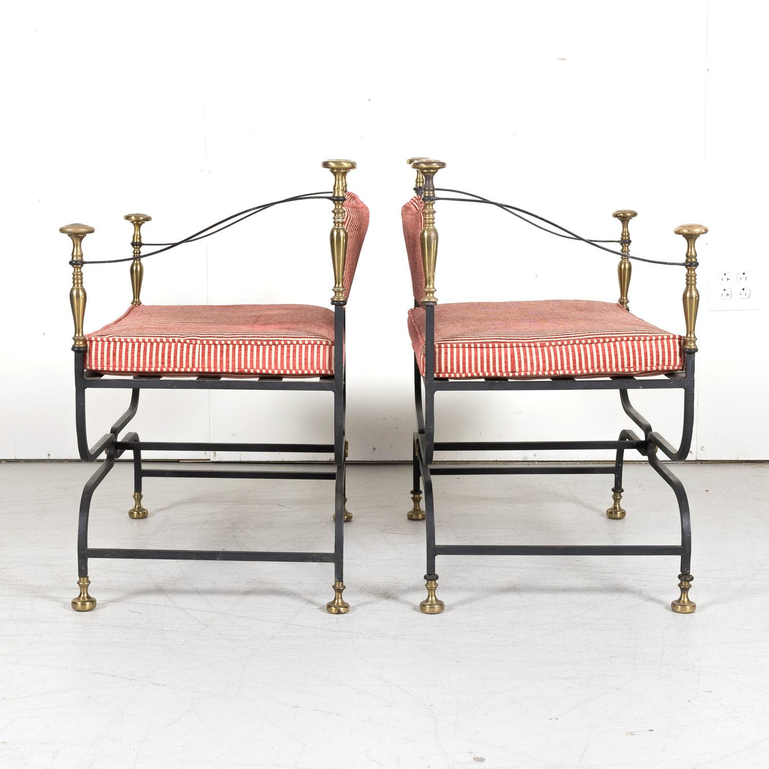 Pair of Italian Iron and Brass Savonarola Chairs with Loose Cushions 5