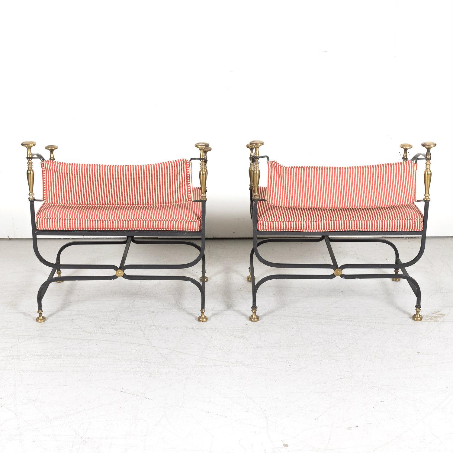 Pair of Italian Iron and Brass Savonarola Chairs with Loose Cushions 6