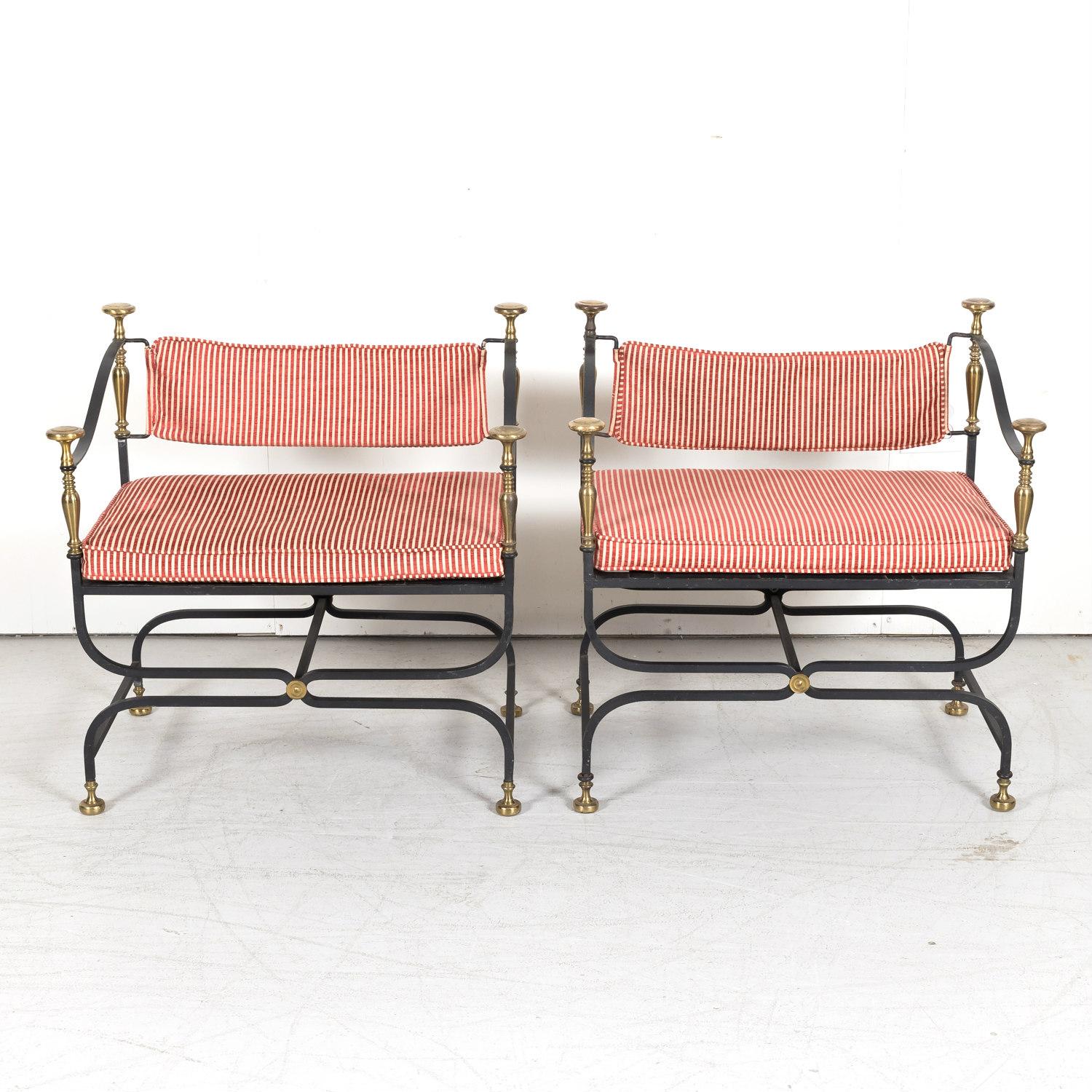 Pair of Italian Iron and Brass Savonarola Chairs with Loose Cushions 8