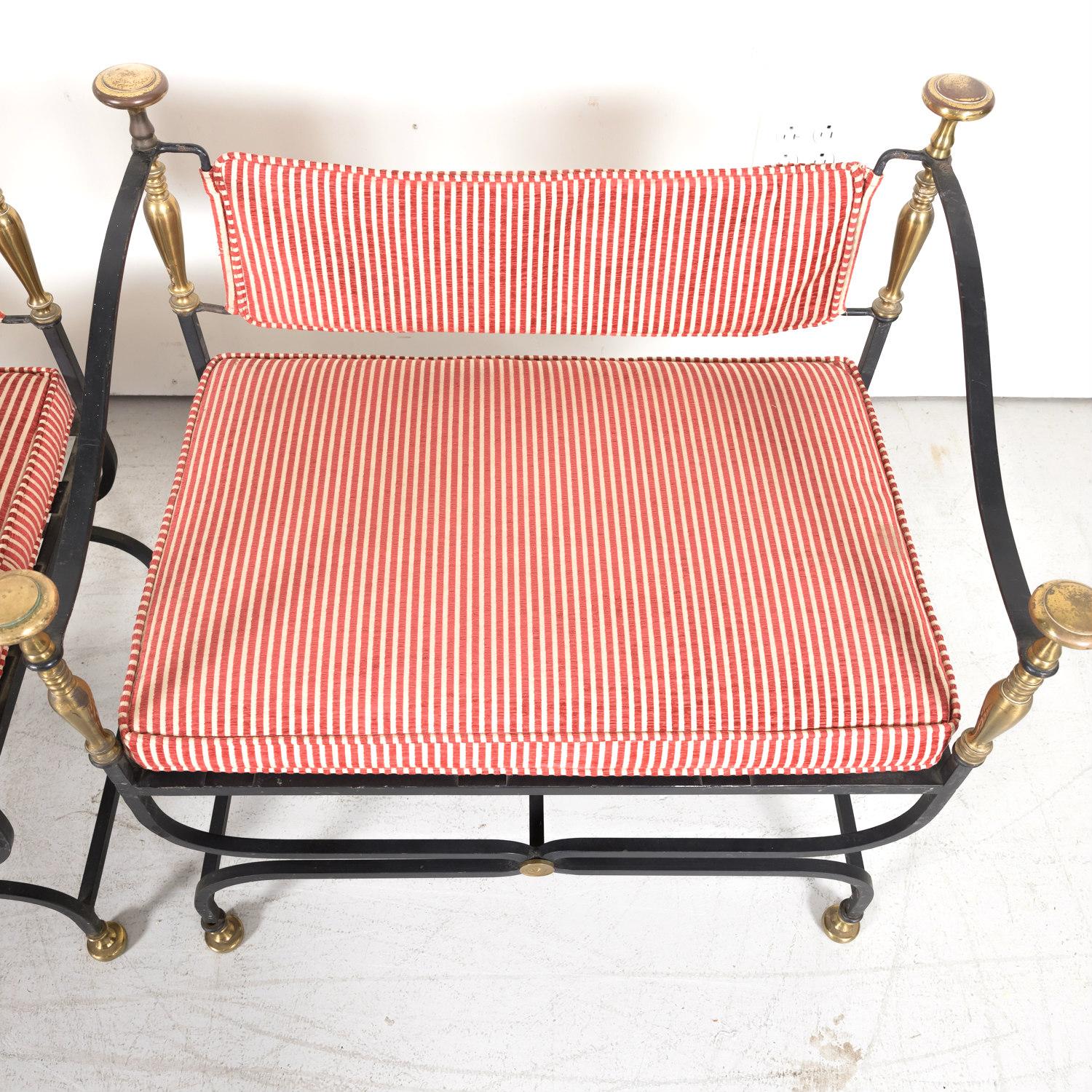 Pair of Italian Iron and Brass Savonarola Chairs with Loose Cushions In Good Condition In Birmingham, AL