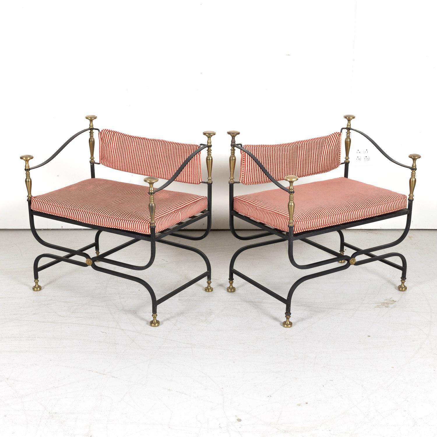Pair of Italian Iron and Brass Savonarola Chairs with Loose Cushions 2