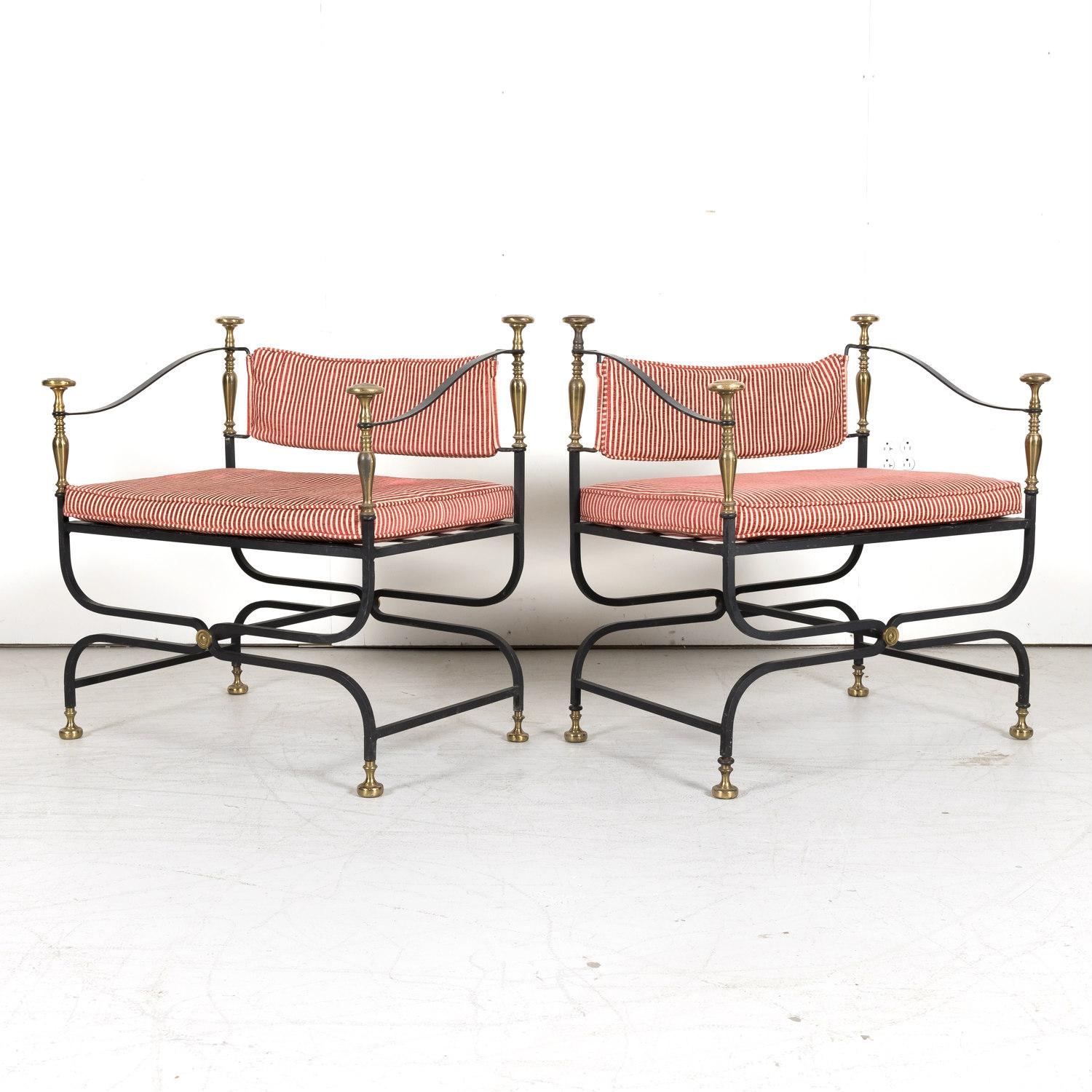 Pair of Italian Iron and Brass Savonarola Chairs with Loose Cushions 3