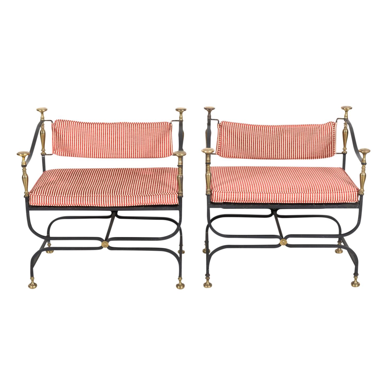 Pair of Italian Iron and Brass Savonarola Chairs with Loose Cushions
