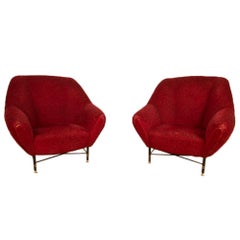 Vintage A Pair of Italian Iron and Brass Upholstered Club Chairs, circa 1945.