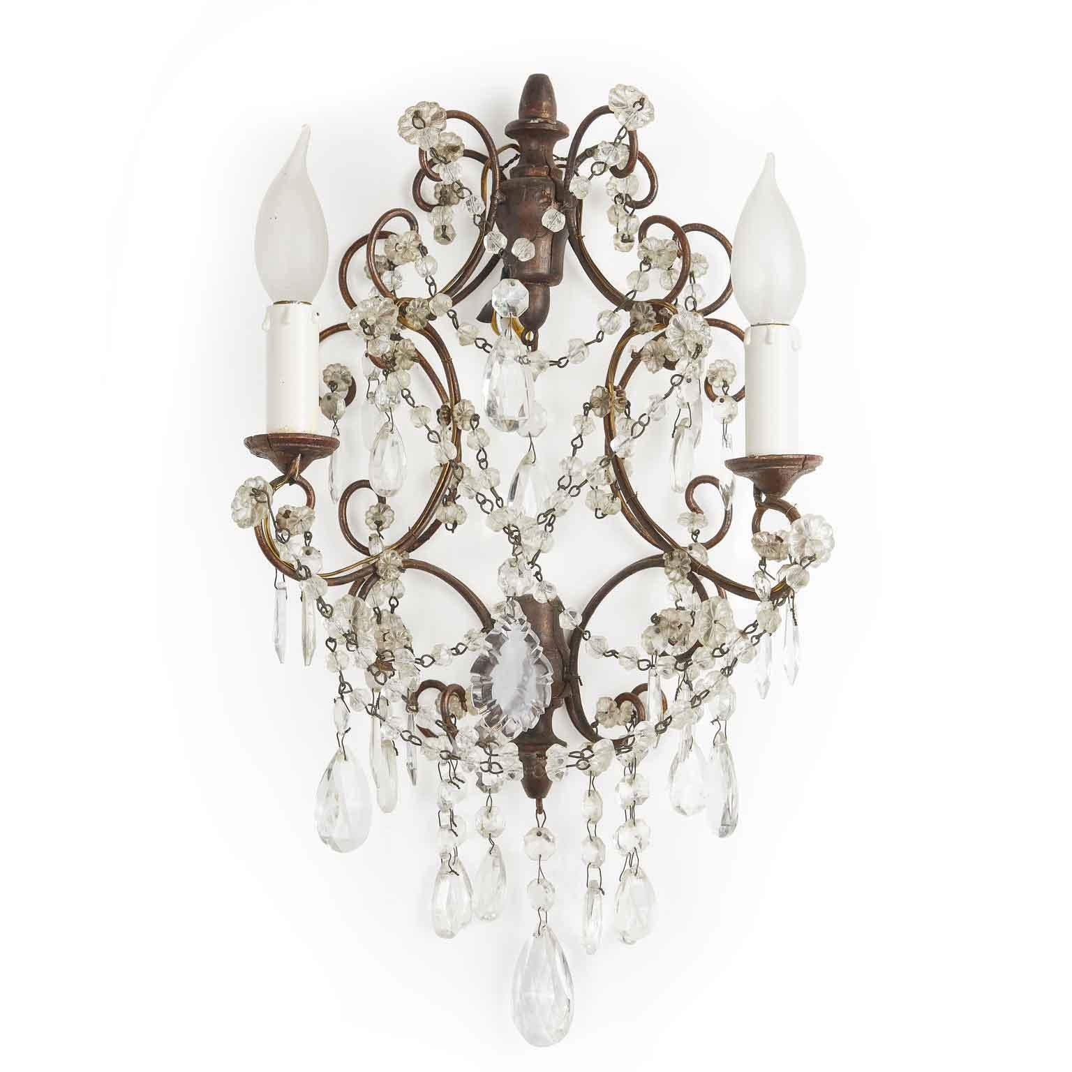Patinated Pair of Italian Iron and Crystal Sconces from Tuscany 1950s
