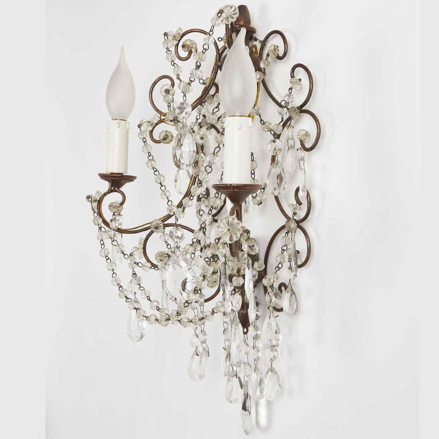 Pair of Italian Iron and Crystal Sconces from Tuscany 1950s In Good Condition In Milan, IT