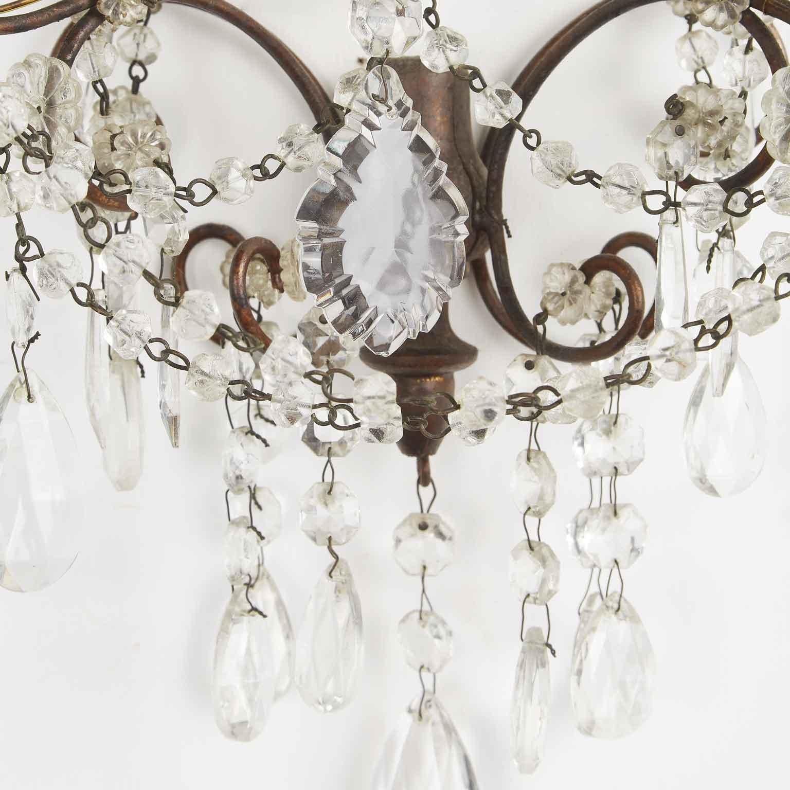 20th Century Pair of Italian Iron and Crystal Sconces from Tuscany 1950s