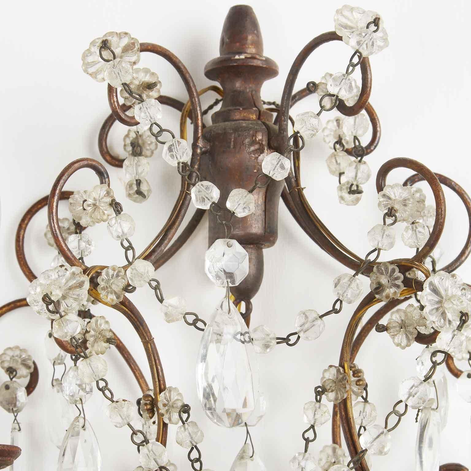 Wrought Iron Pair of Italian Iron and Crystal Sconces from Tuscany 1950s