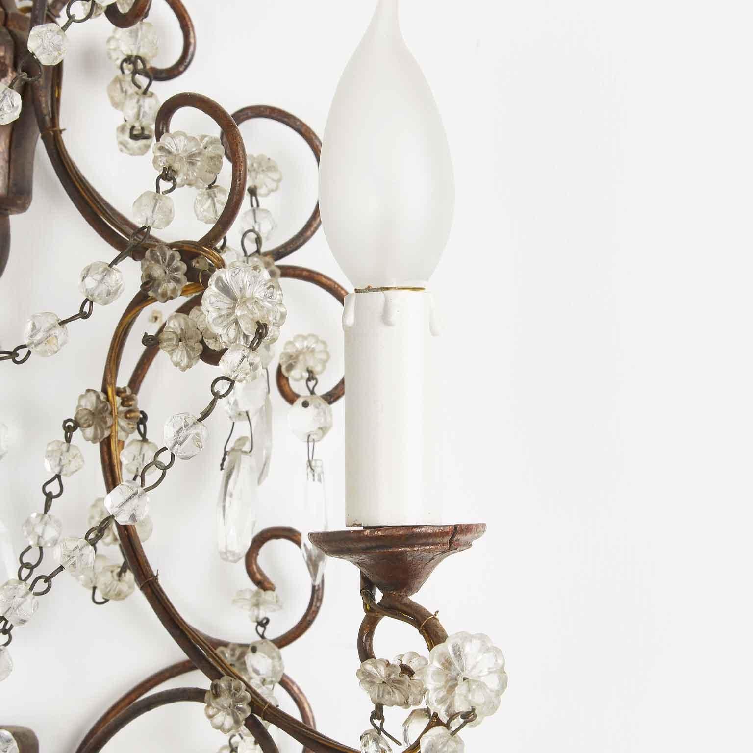 Pair of Italian Iron and Crystal Sconces from Tuscany 1950s 1