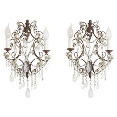 Pair of Italian Iron and Crystal Sconces from Tuscany 1950s