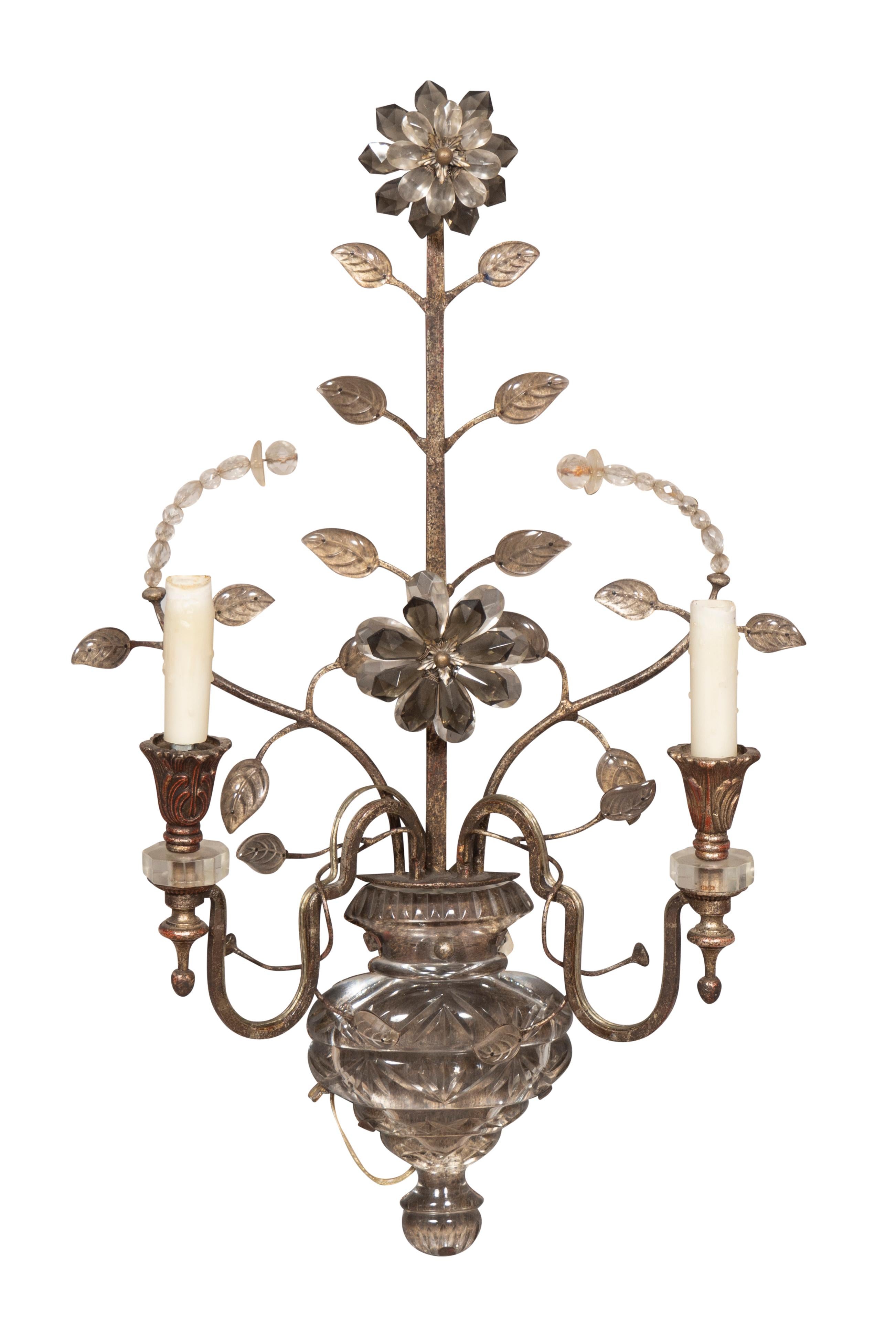 Vintage made in Florence with silvered iron and cut glass drops either clear or gray with central flower and leaves in the Bagues style. Two arms all seated in a glass vase.