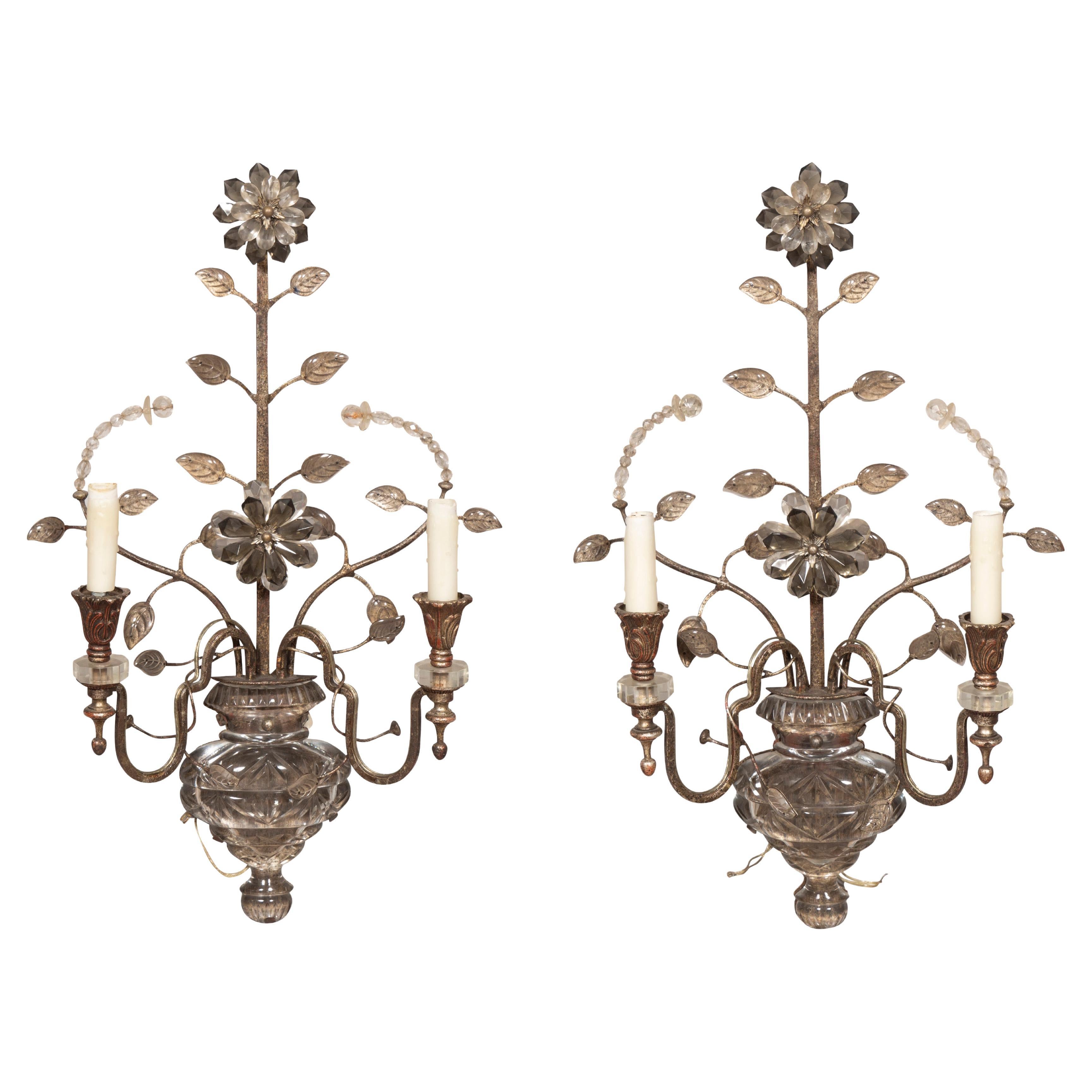 Pair of Italian Iron and Glass Sconces For Sale