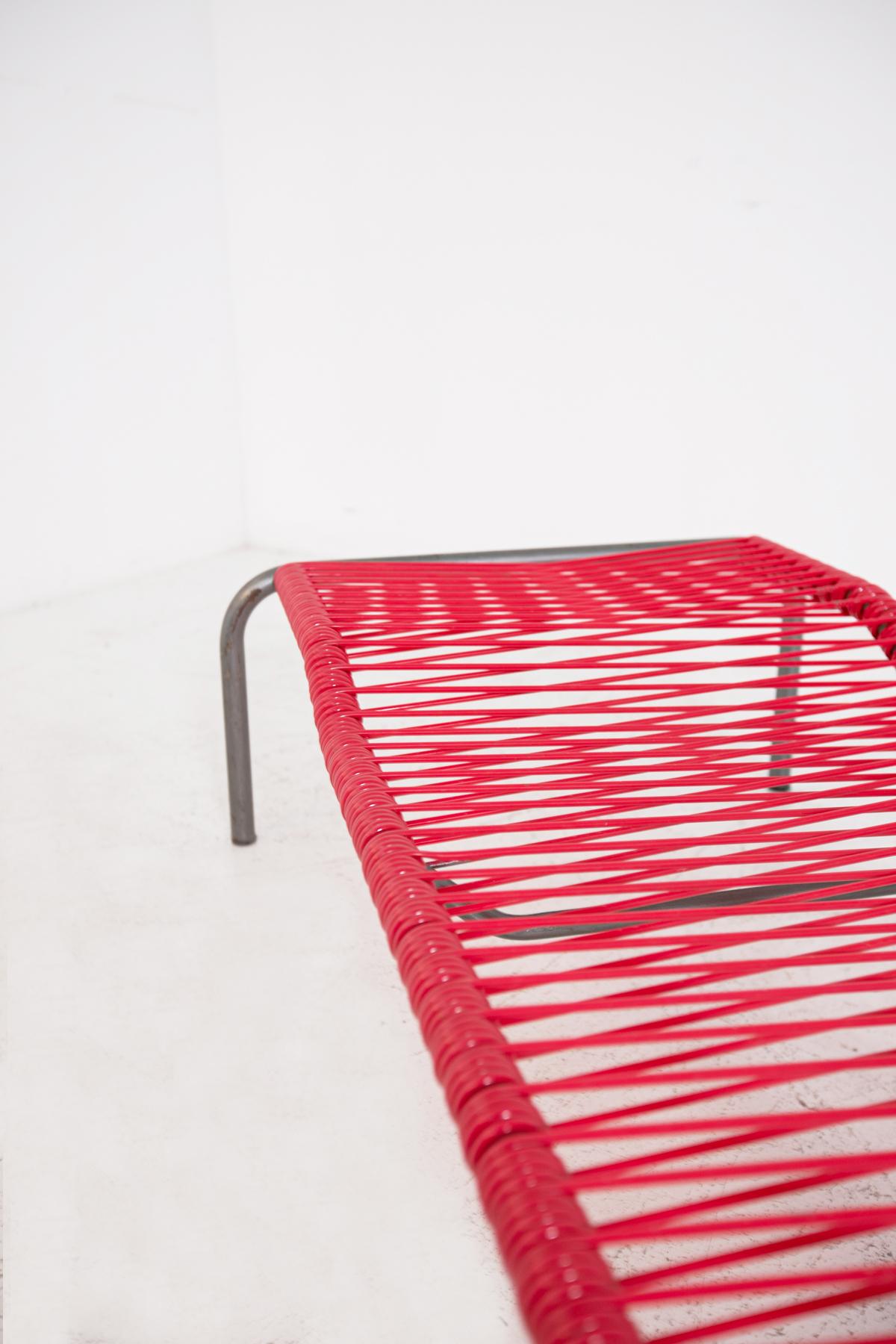 Mid-Century Modern Pair of Italian Iron and Plastic Deckchairs Red and Blue