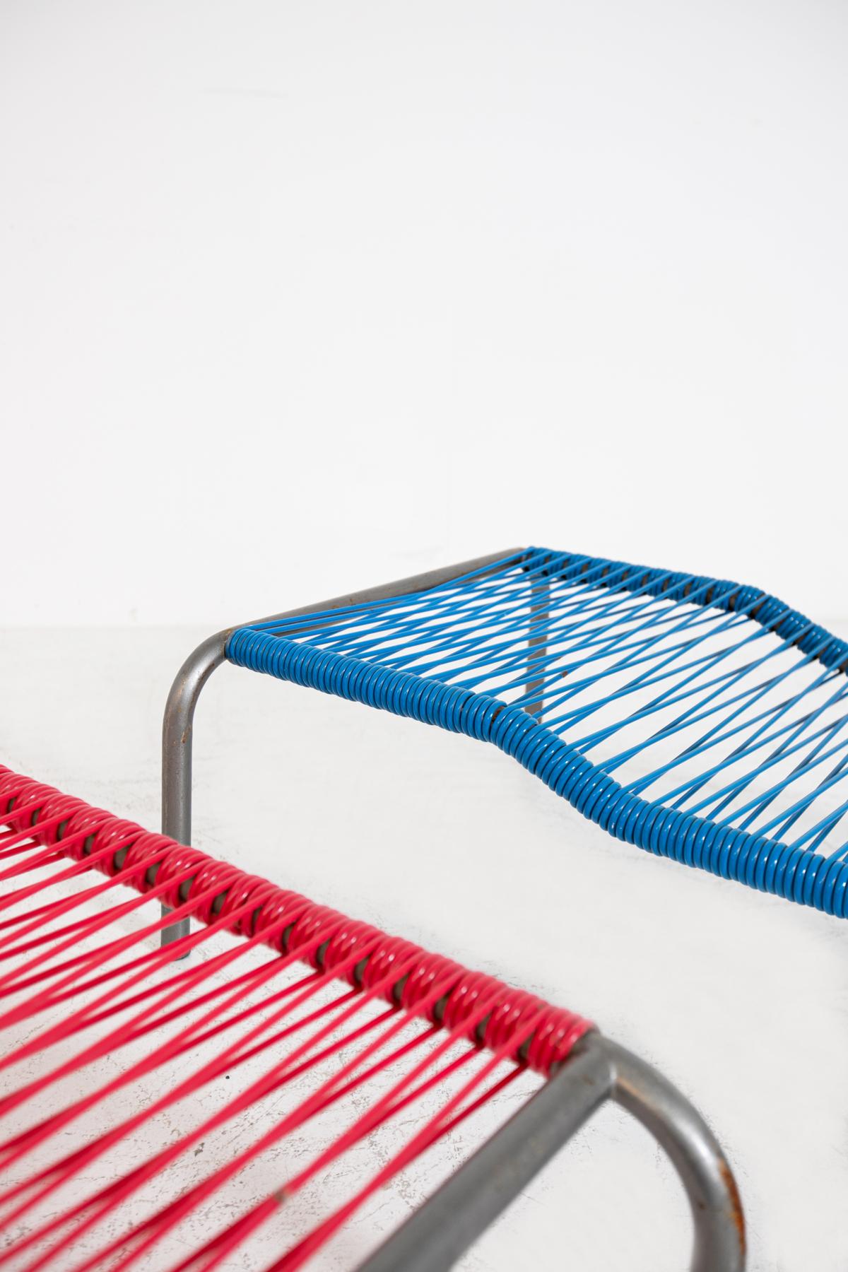 Mid-20th Century Pair of Italian Iron and Plastic Deckchairs Red and Blue