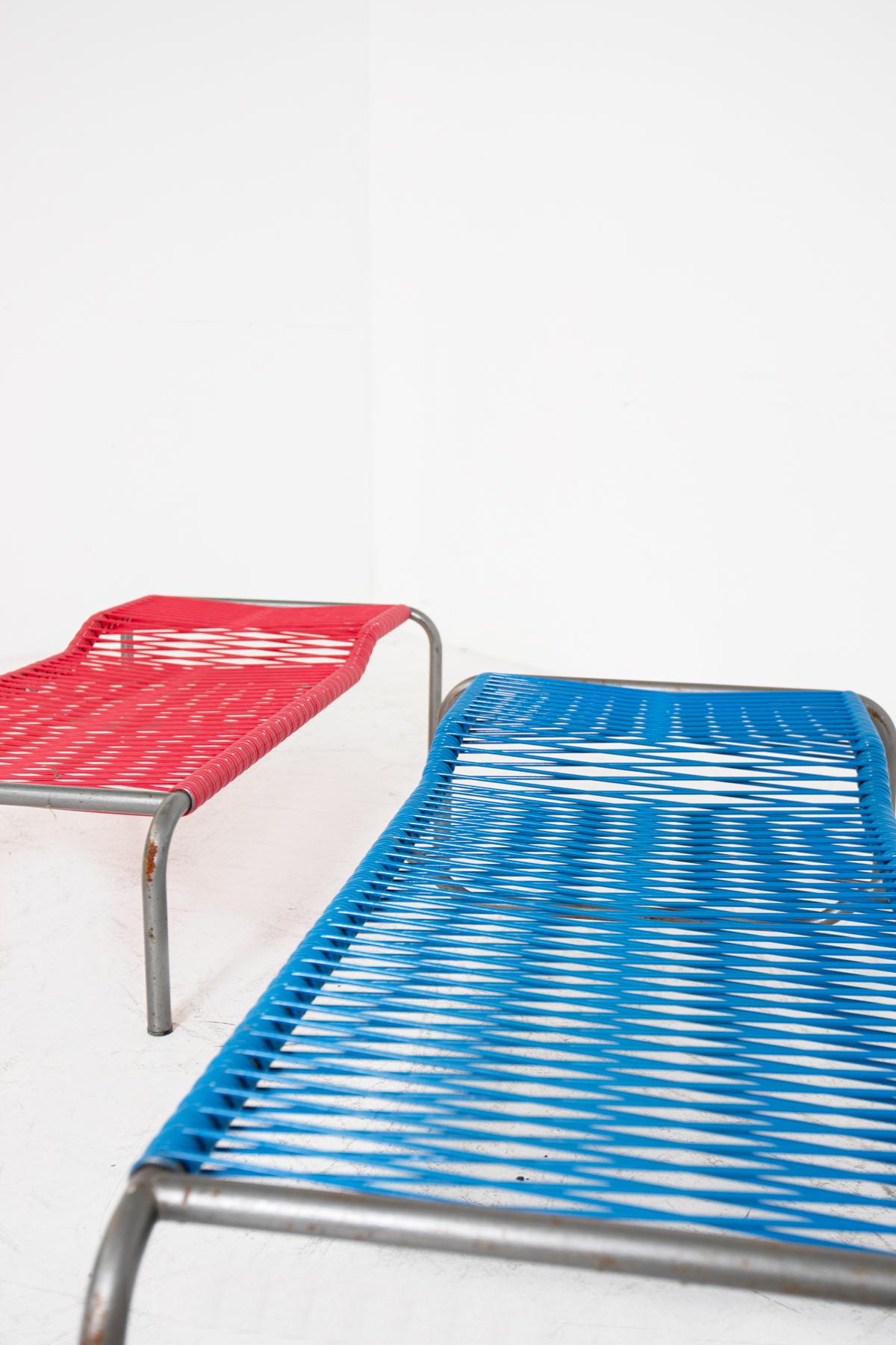 Pair of Italian Iron and Plastic Deckchairs Red and Blue 1