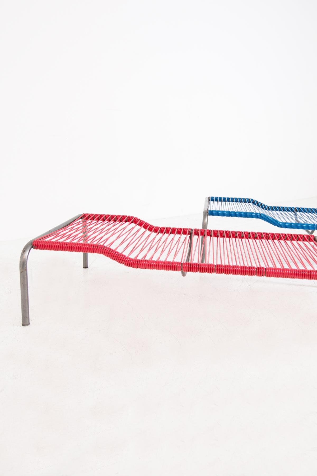 Pair of Italian Iron and Plastic Deckchairs Red and Blue 2