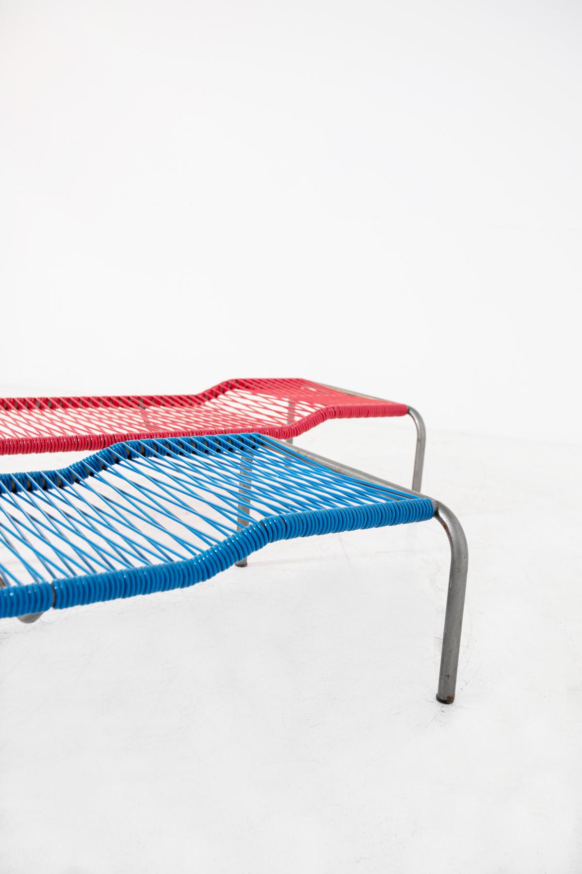 Pair of Italian Iron and Plastic Deckchairs Red and Blue 3