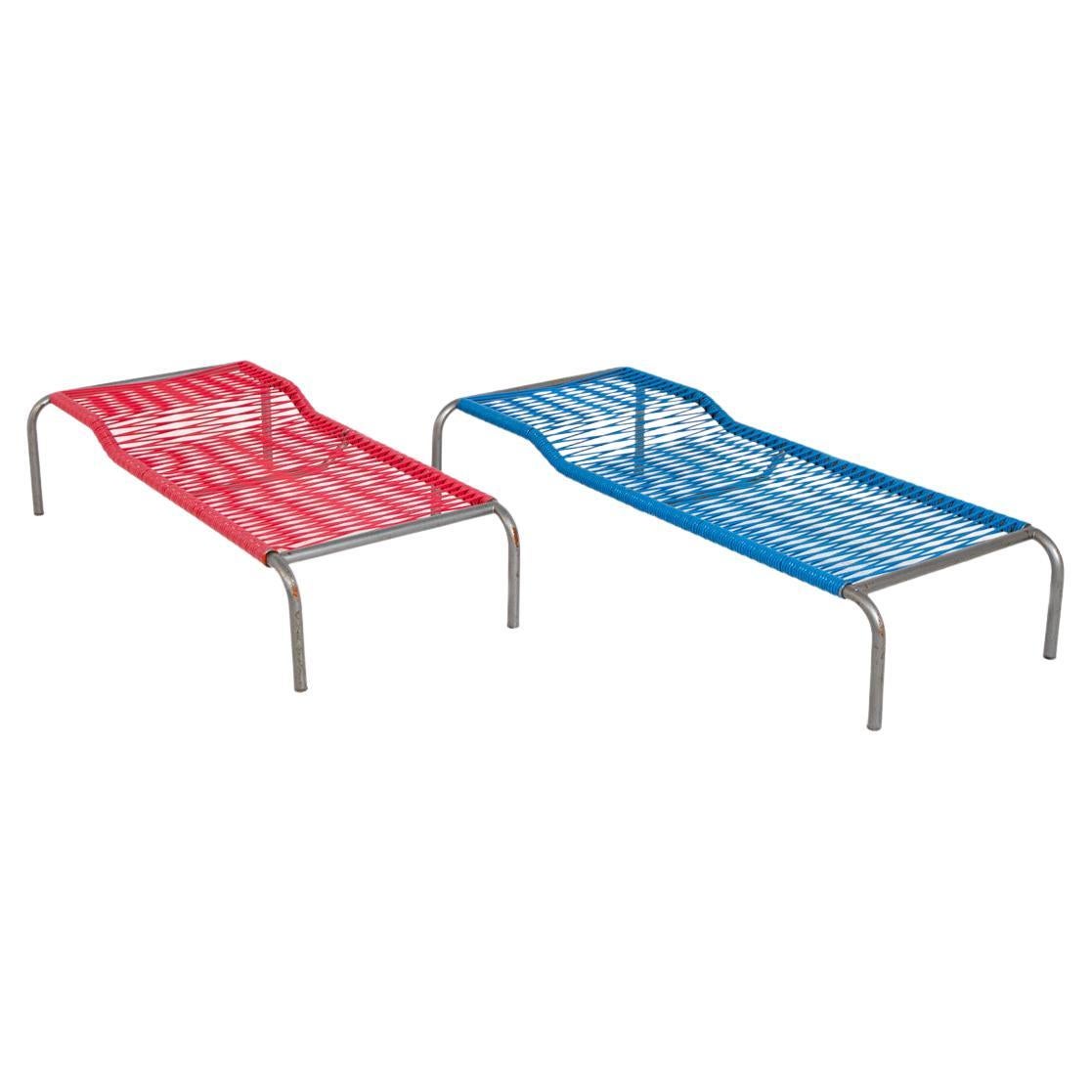 Pair of Italian Iron and Plastic Deckchairs Red and Blue
