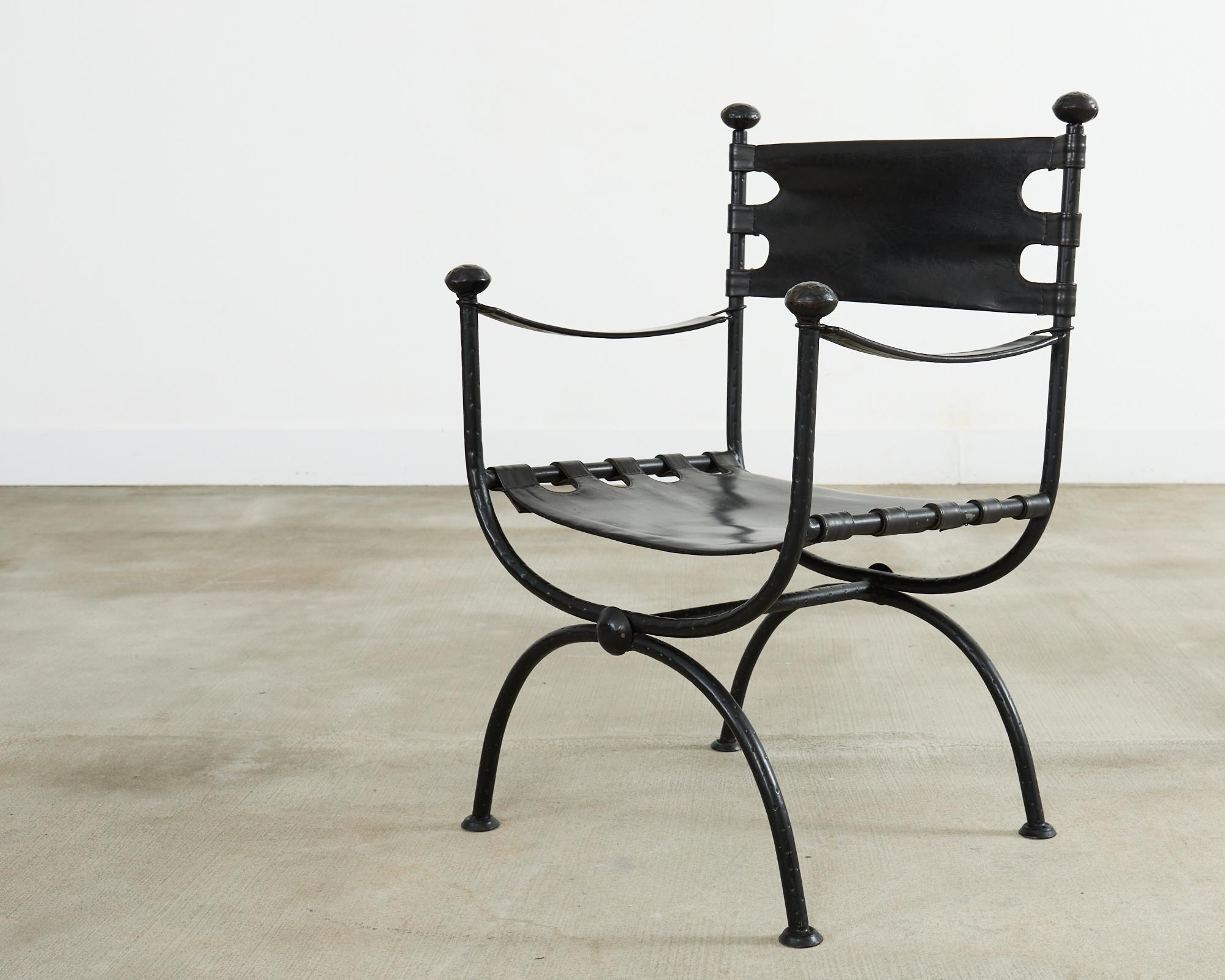 Pair of Italian Iron Leather Savonarola Curule Leg Armchairs For Sale 4