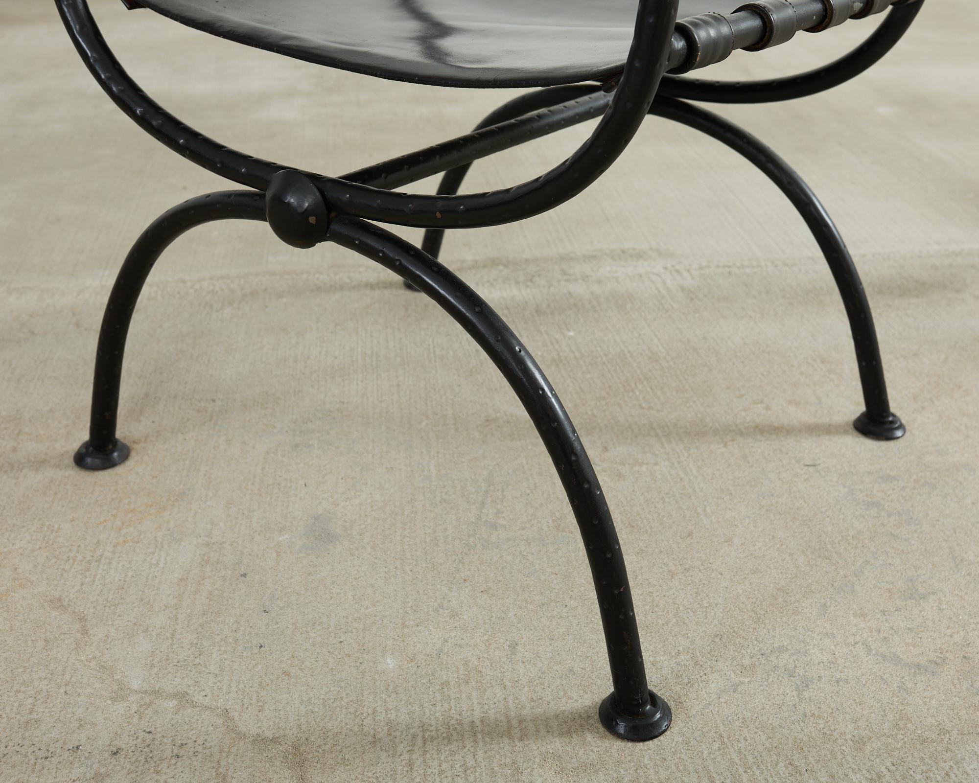 Pair of Italian Iron Leather Savonarola Curule Leg Armchairs For Sale 5