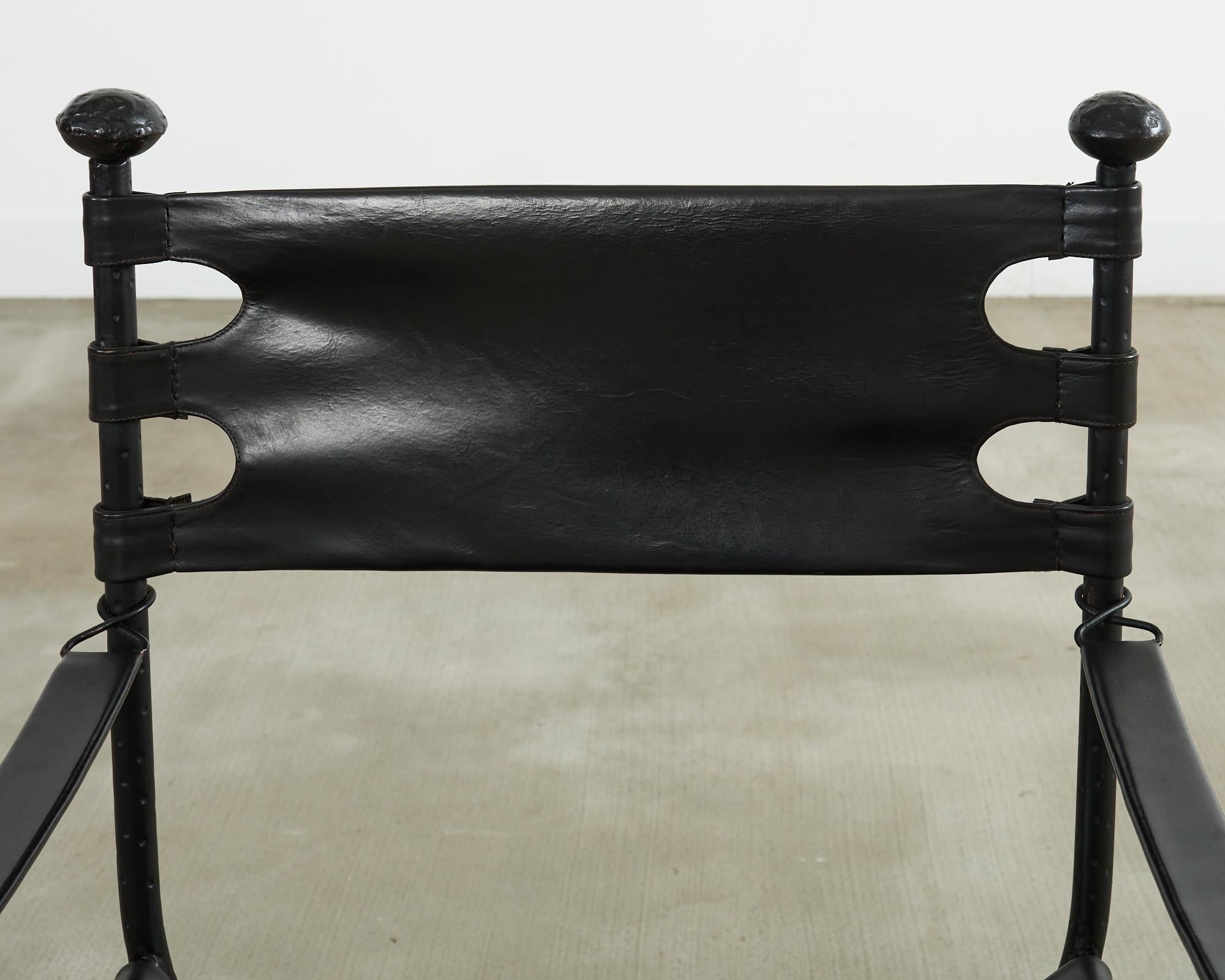 Pair of Italian Iron Leather Savonarola Curule Leg Armchairs For Sale 6