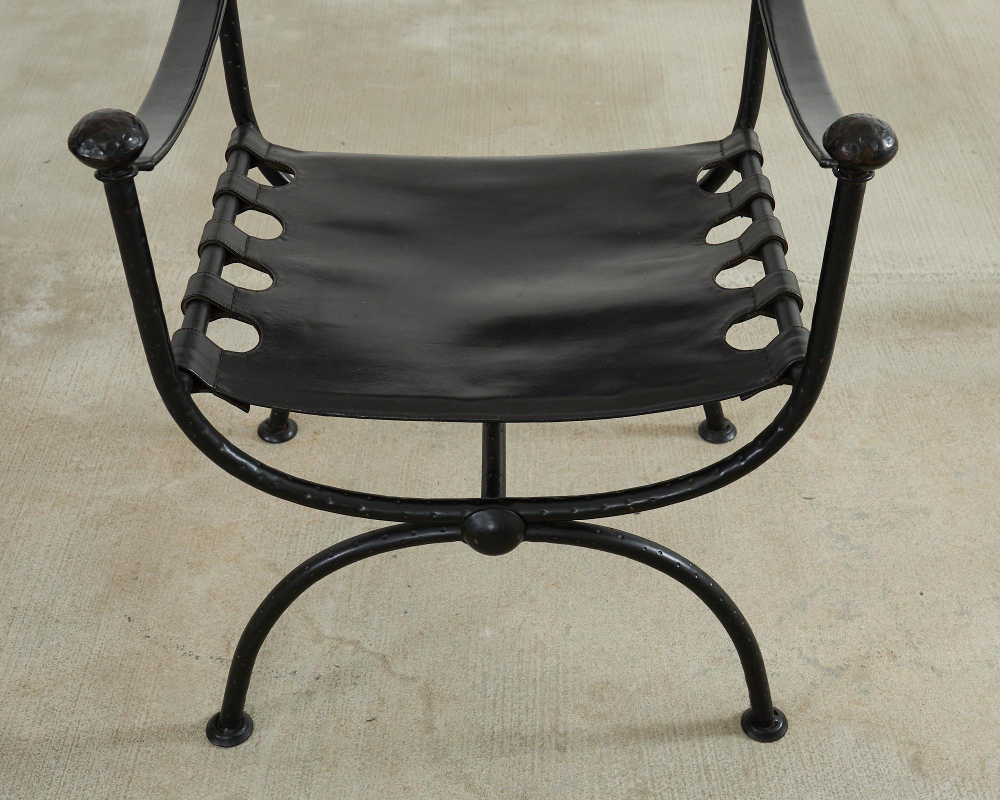 Pair of Italian Iron Leather Savonarola Curule Leg Armchairs For Sale 7