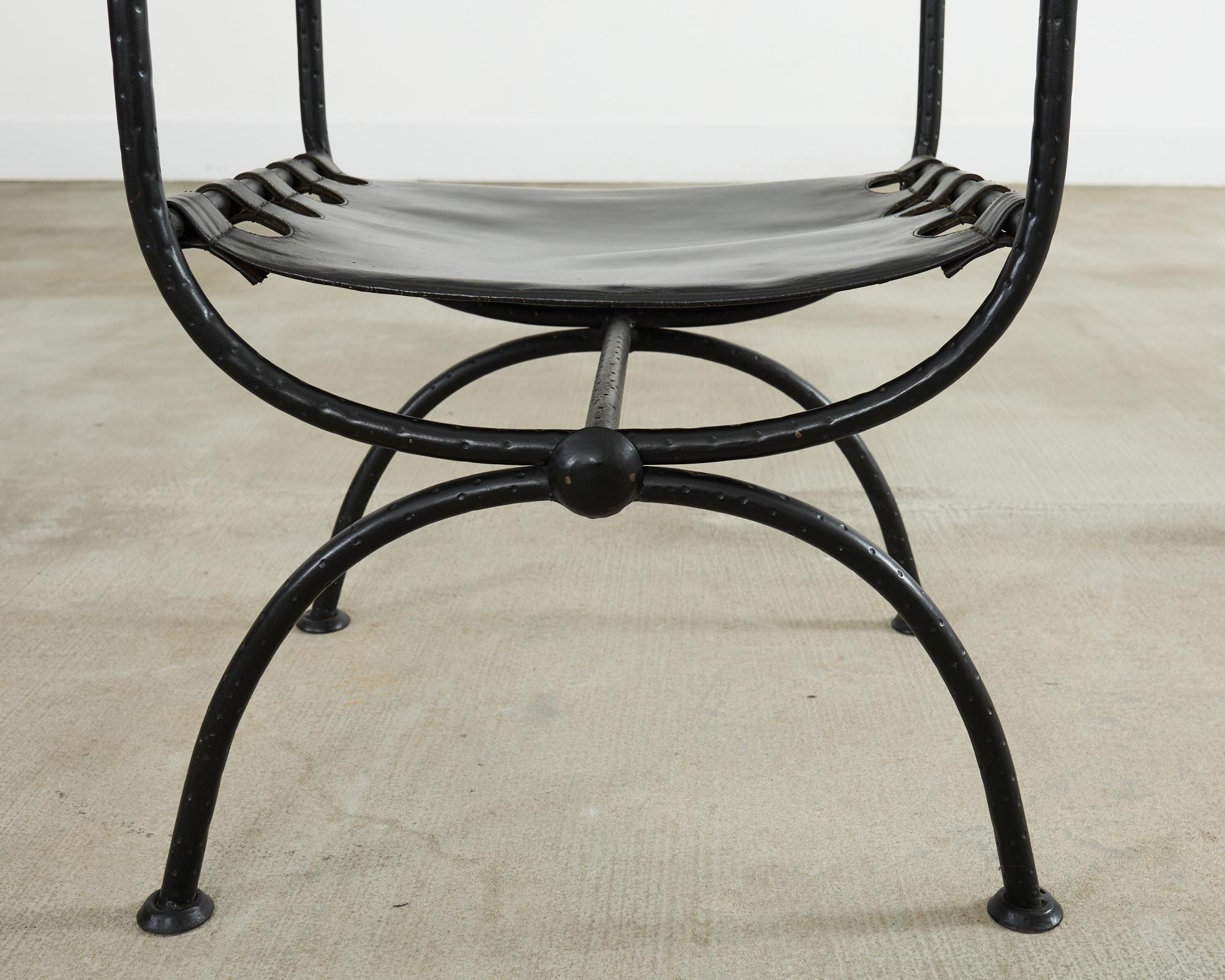 Pair of Italian Iron Leather Savonarola Curule Leg Armchairs For Sale 8