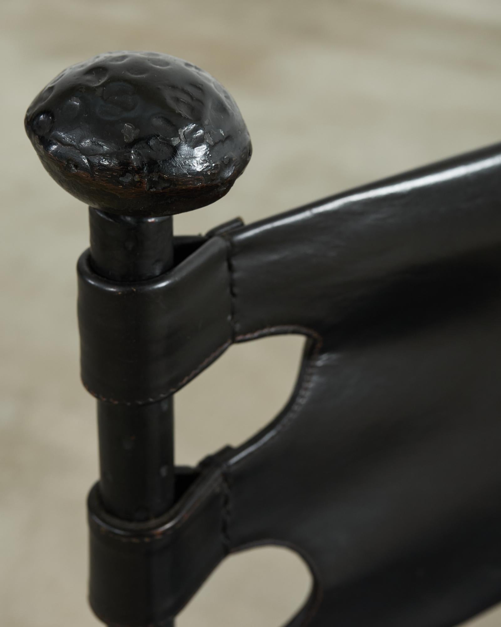 Pair of Italian Iron Leather Savonarola Curule Leg Armchairs For Sale 10