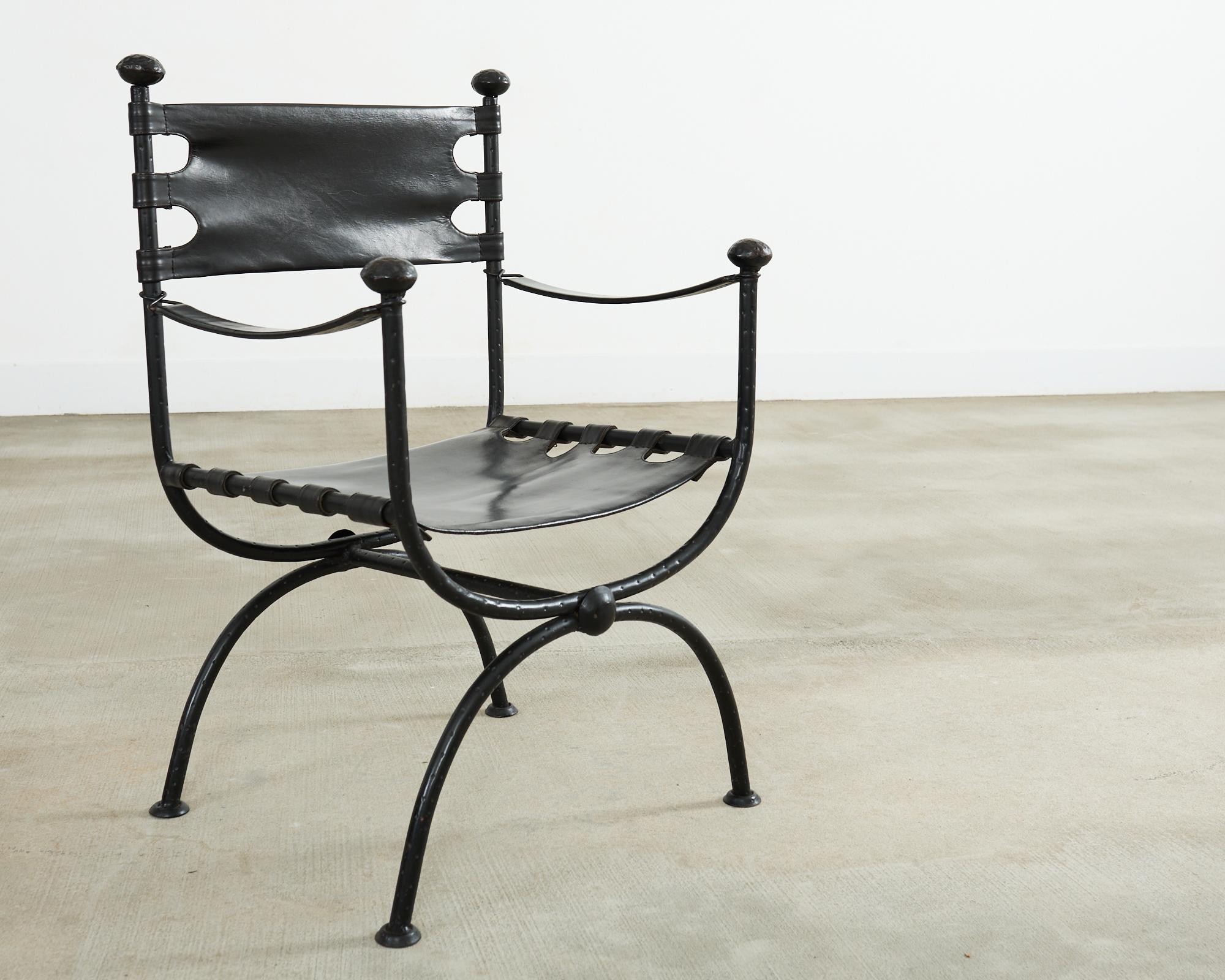 Pair of Italian Iron Leather Savonarola Curule Leg Armchairs For Sale 11