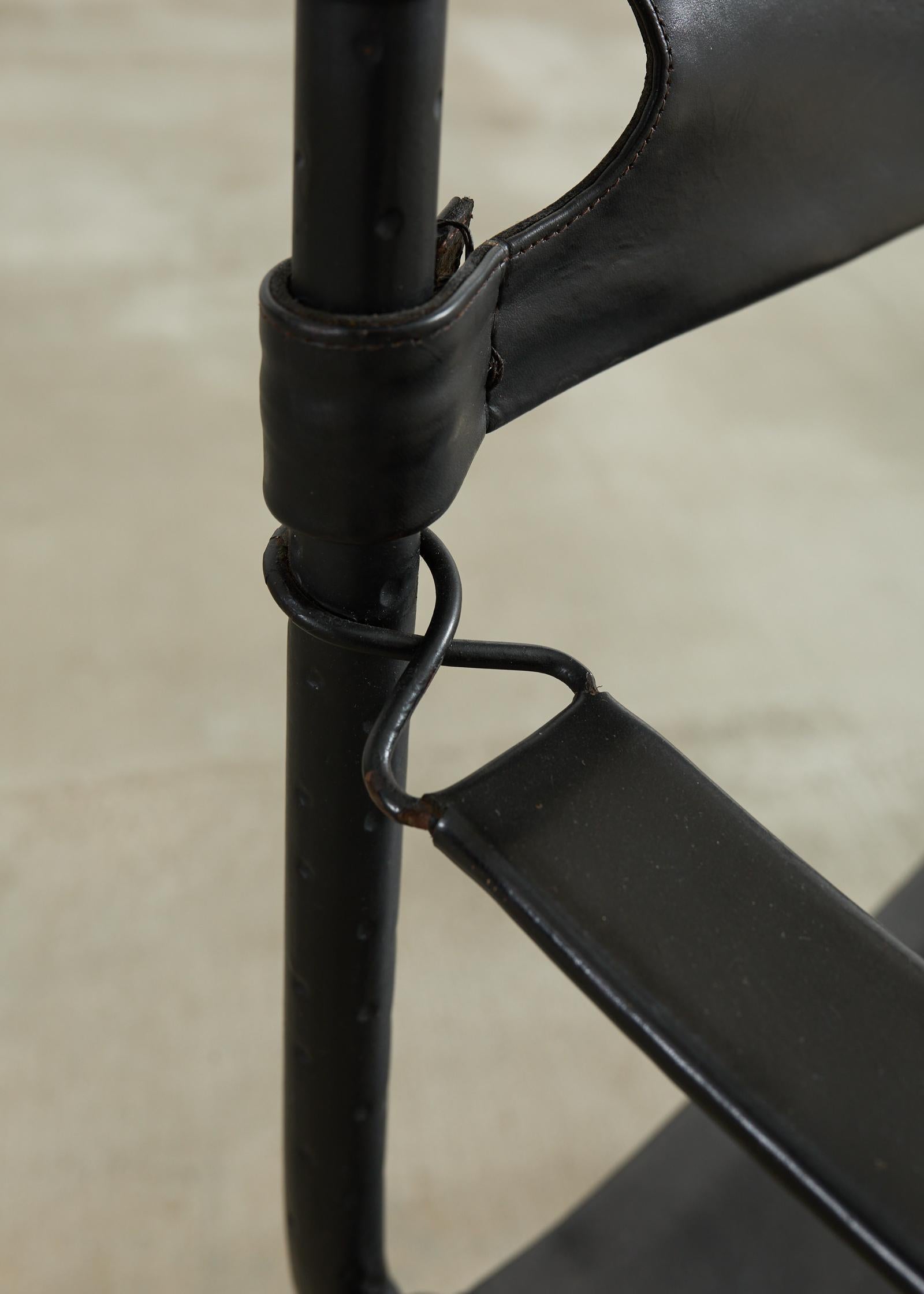Pair of Italian Iron Leather Savonarola Curule Leg Armchairs For Sale 12