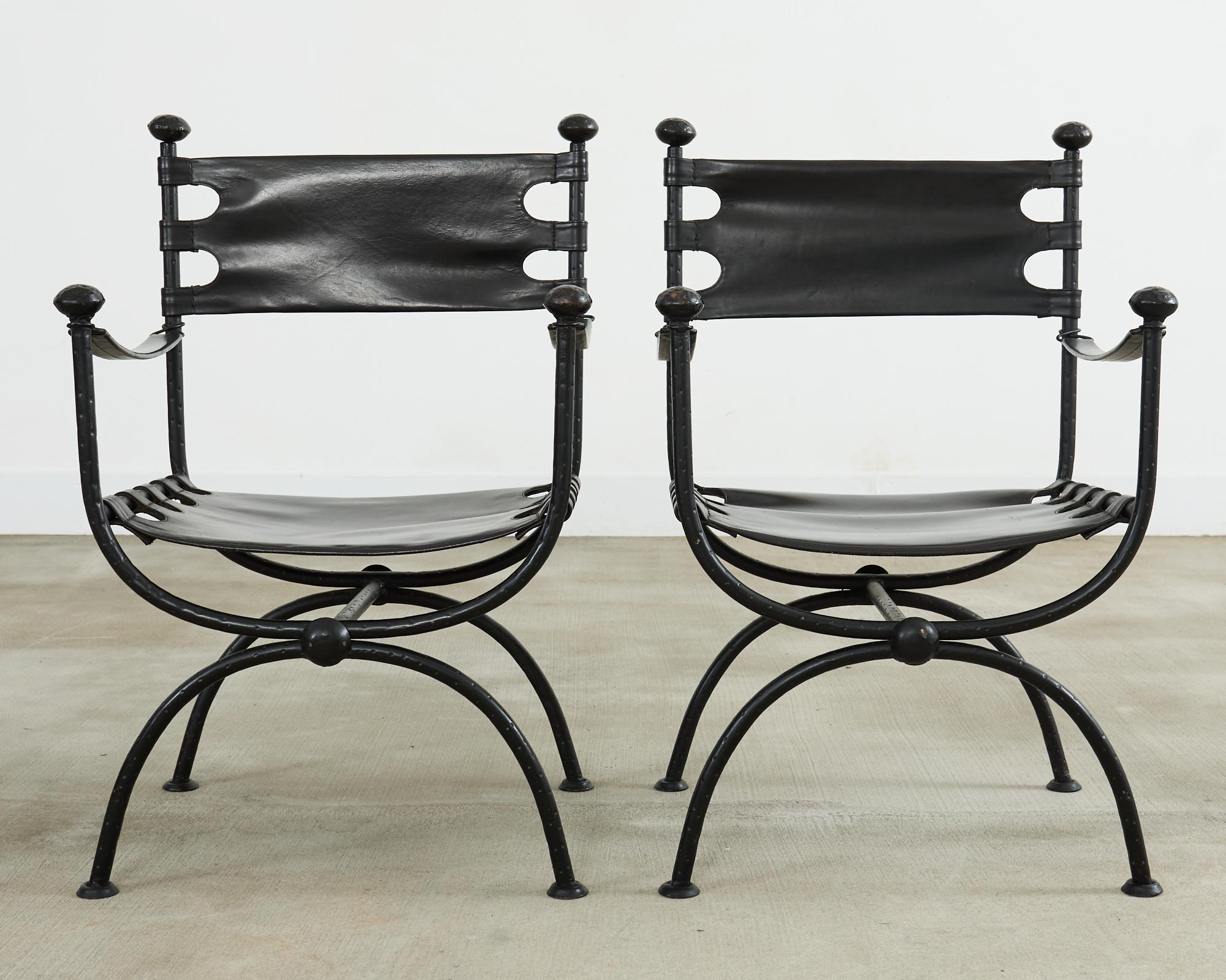 Neoclassical Pair of Italian Iron Leather Savonarola Curule Leg Armchairs For Sale