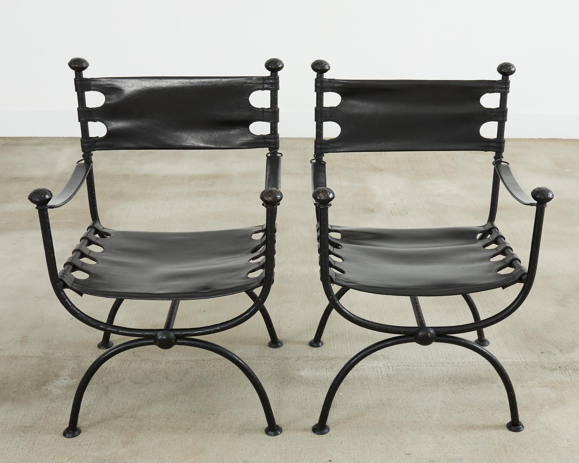 Pair of Italian Iron Leather Savonarola Curule Leg Armchairs In Good Condition For Sale In Rio Vista, CA