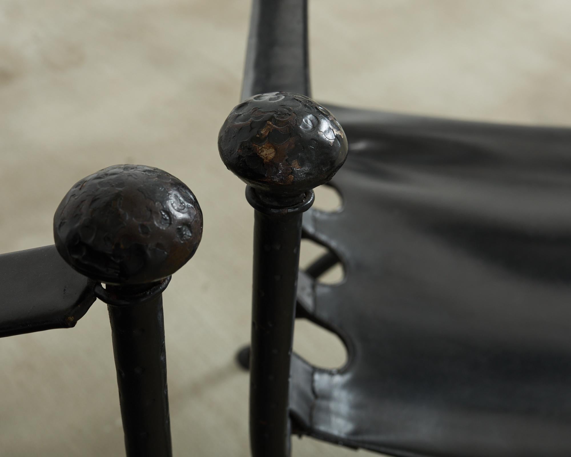 Pair of Italian Iron Leather Savonarola Curule Leg Armchairs For Sale 1