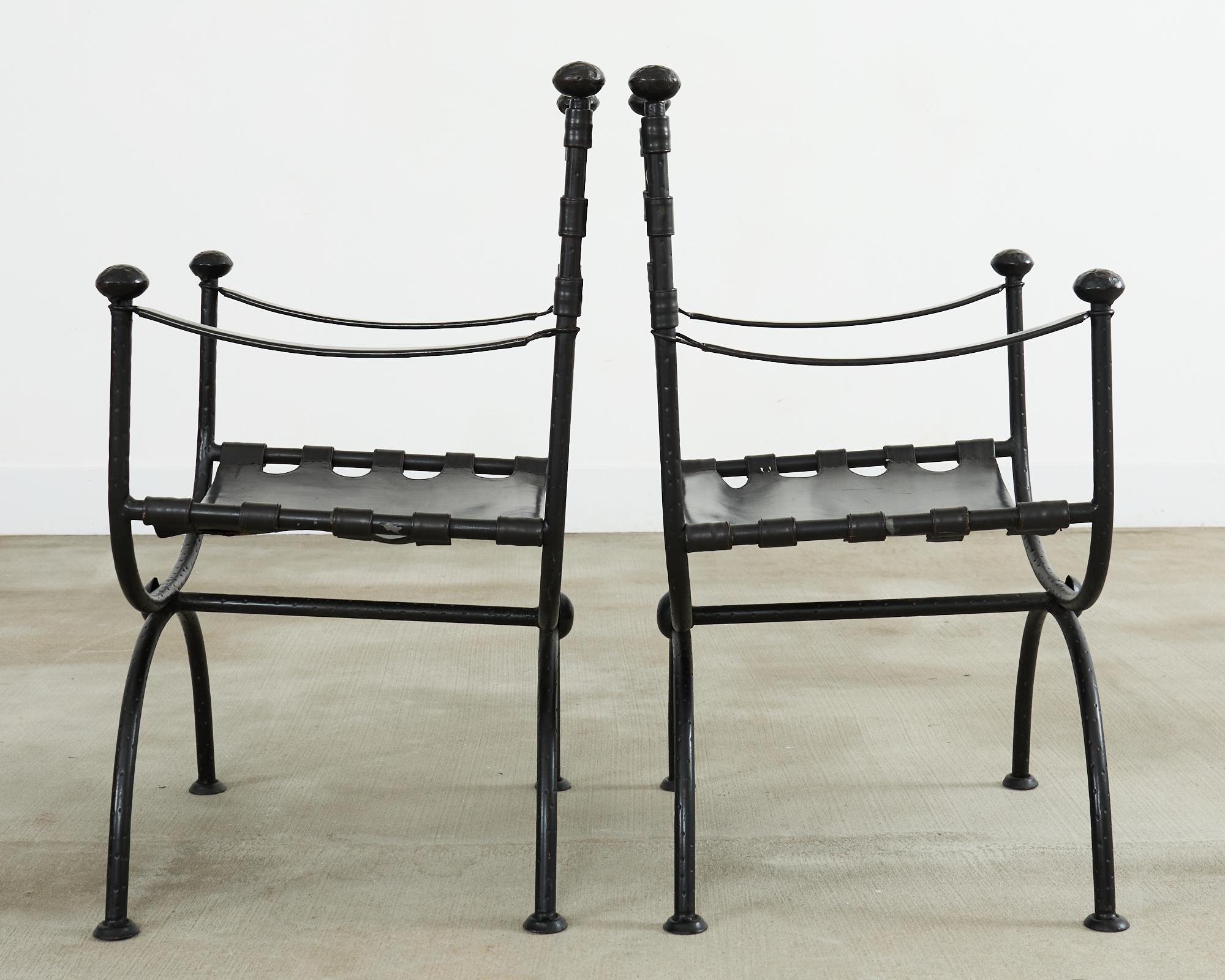 Pair of Italian Iron Leather Savonarola Curule Leg Armchairs For Sale 2