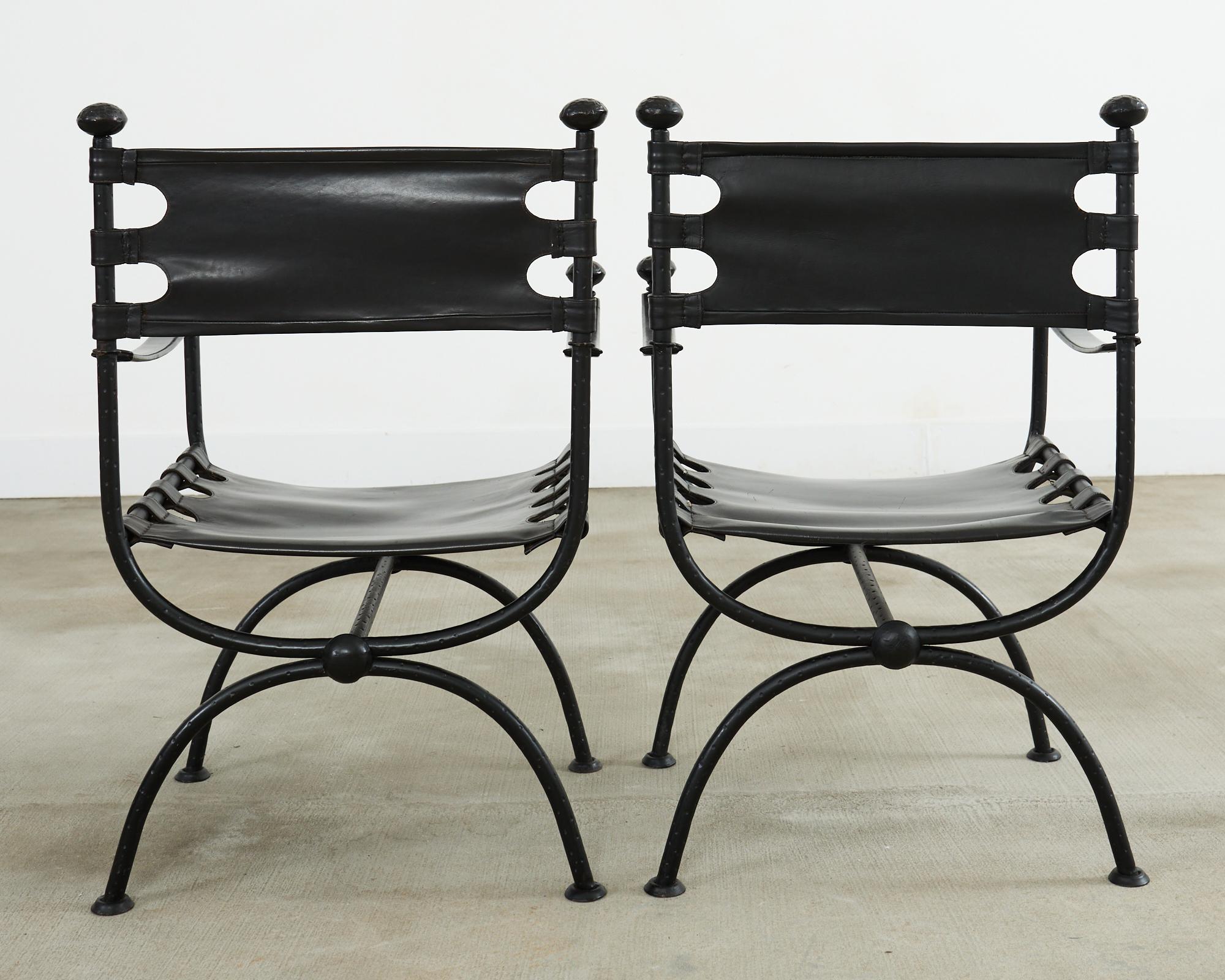 Pair of Italian Iron Leather Savonarola Curule Leg Armchairs For Sale 3