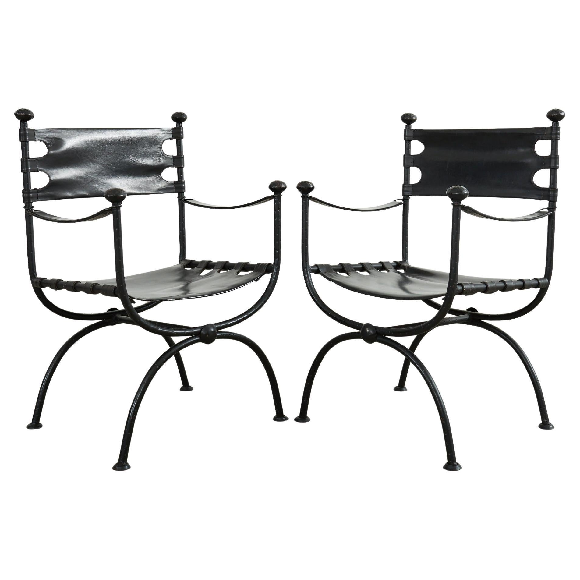 Pair of Italian Iron Leather Savonarola Curule Leg Armchairs For Sale
