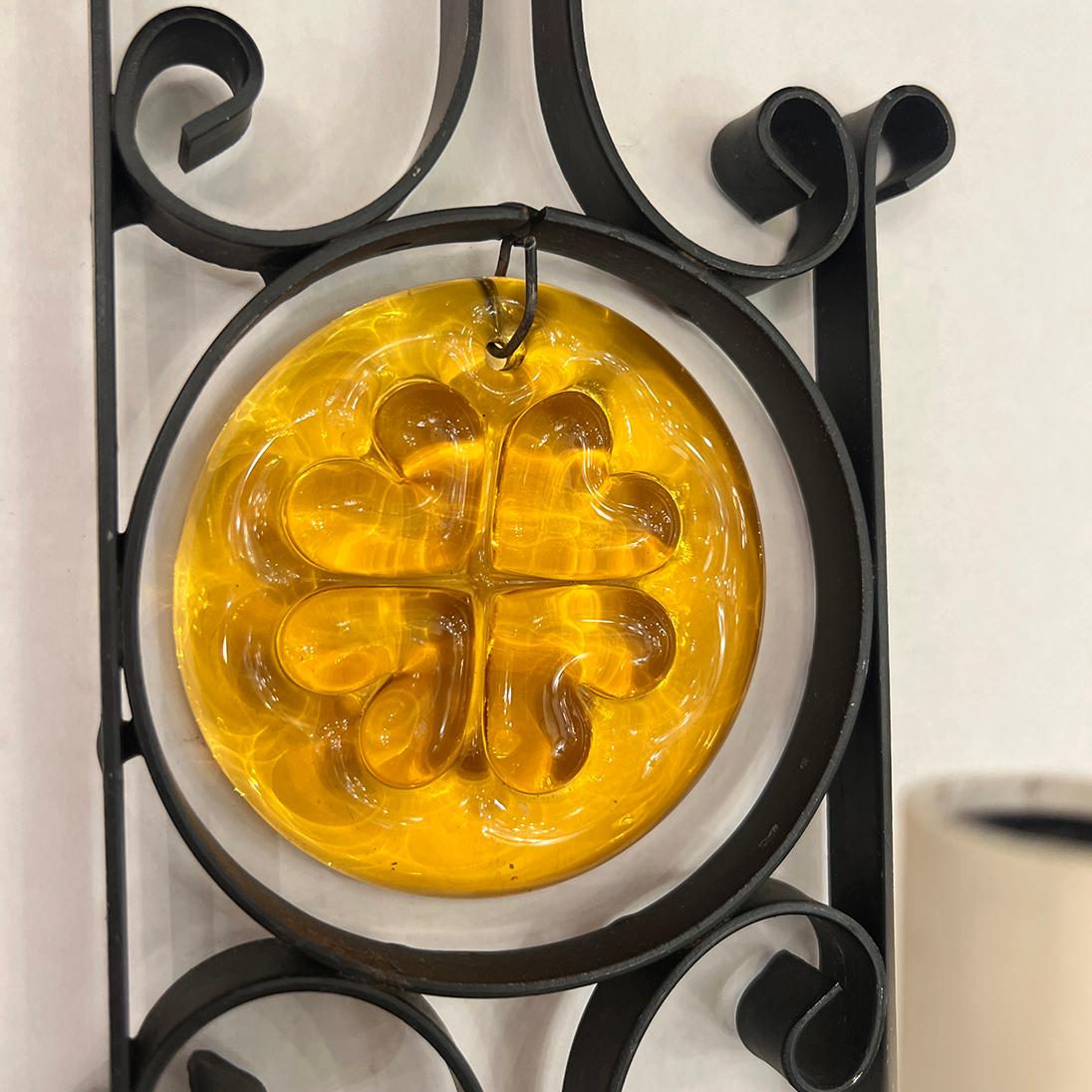Art Glass Pair of Italian Iron Sconces For Sale