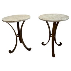 Pair of Italian Iron Side Tables With Marble Tops (2 Tables)