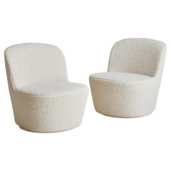 Pair of Italian Ivory Boucle Swivel Lounge Chairs, 1960s
