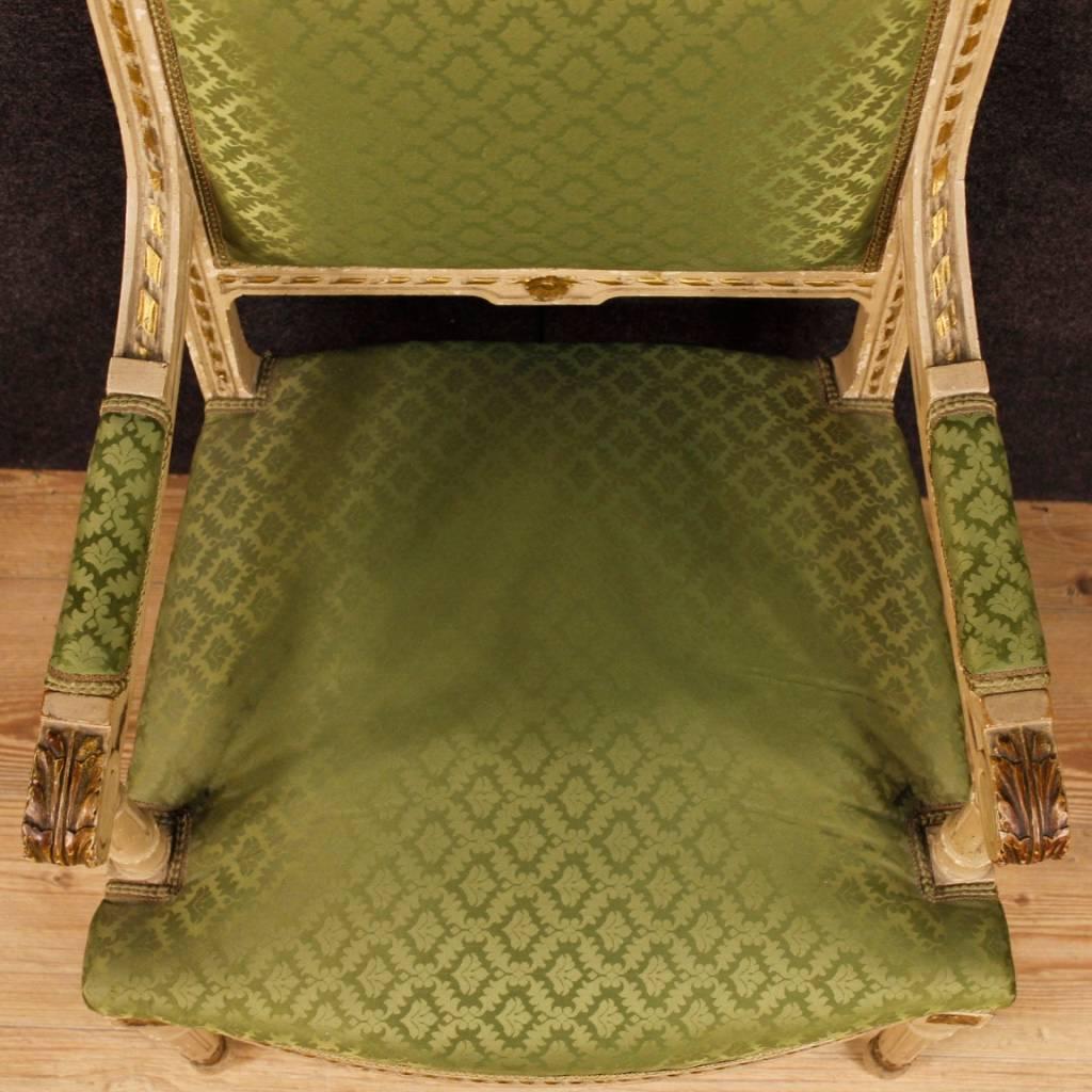 Pair of Italian Lacquered, Carved and Gilded Armchairs in Louis XVI Style  5